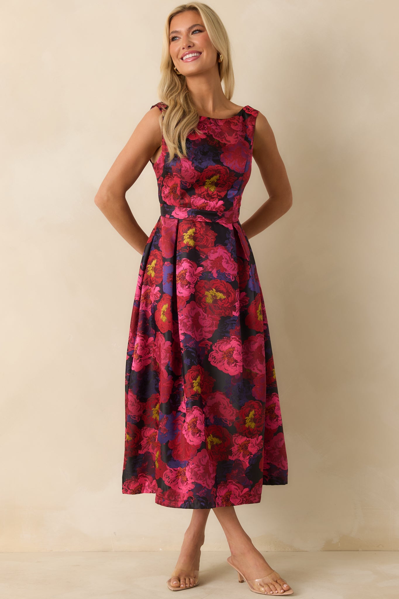 Magenta red floral jacquard midi dress with a sleeveless bodice and bateau neckline.