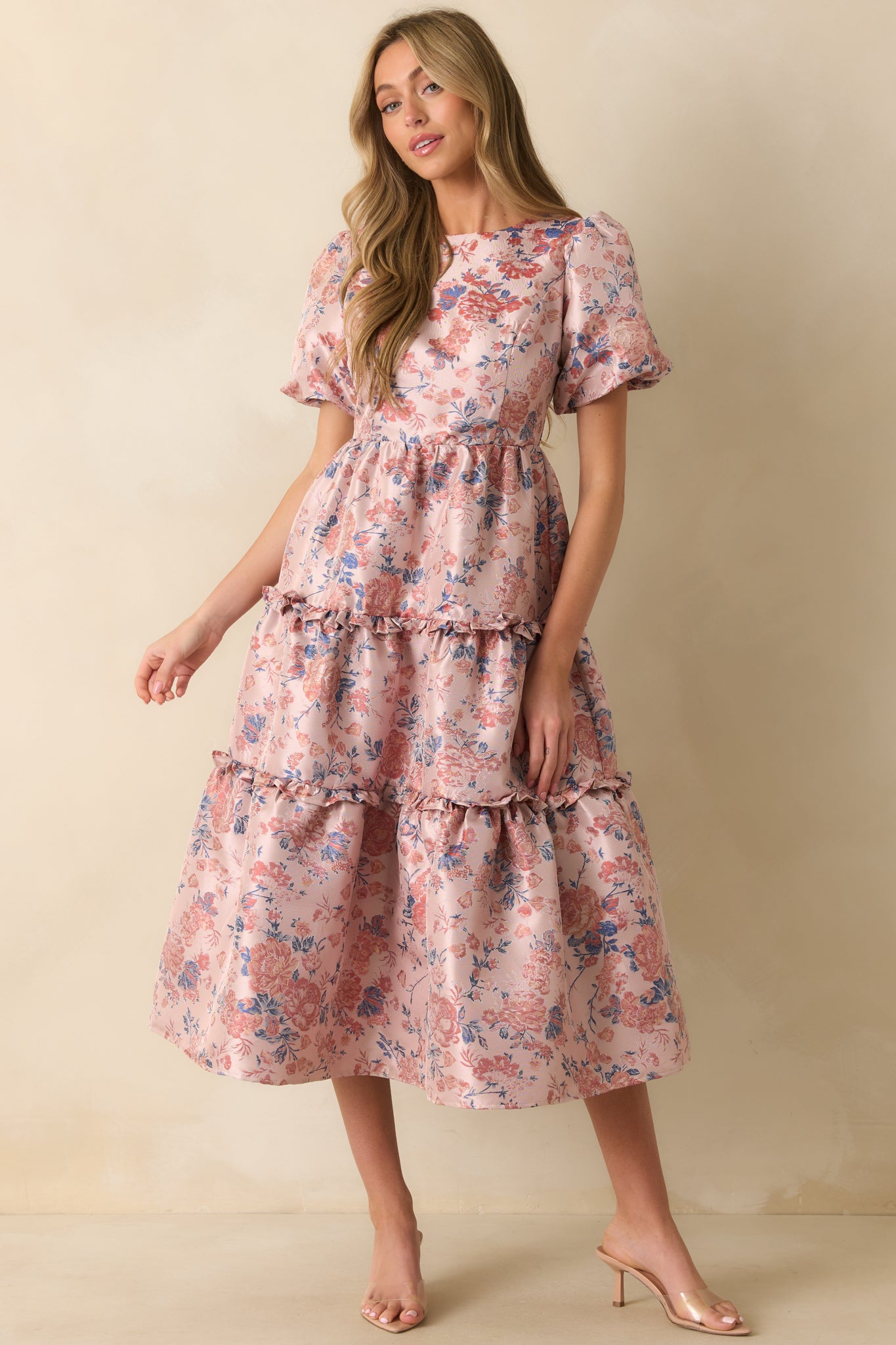 Mauve Floral Jacquard Midi Dress - Event Dresses | Red Dress