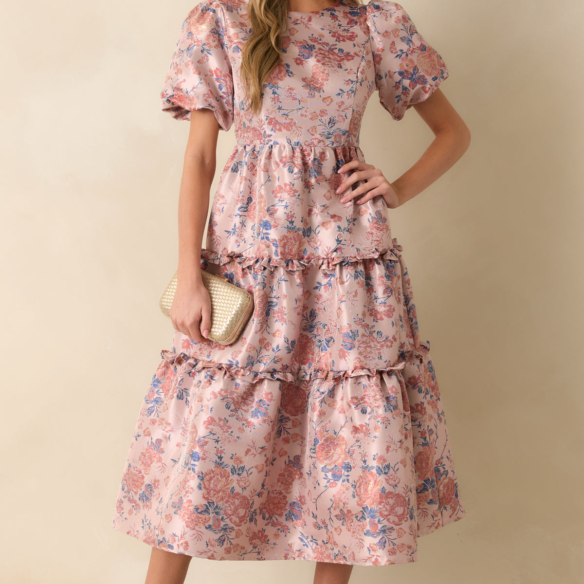 Mauve Floral Jacquard Midi Dress - Event Dresses | Red Dress
