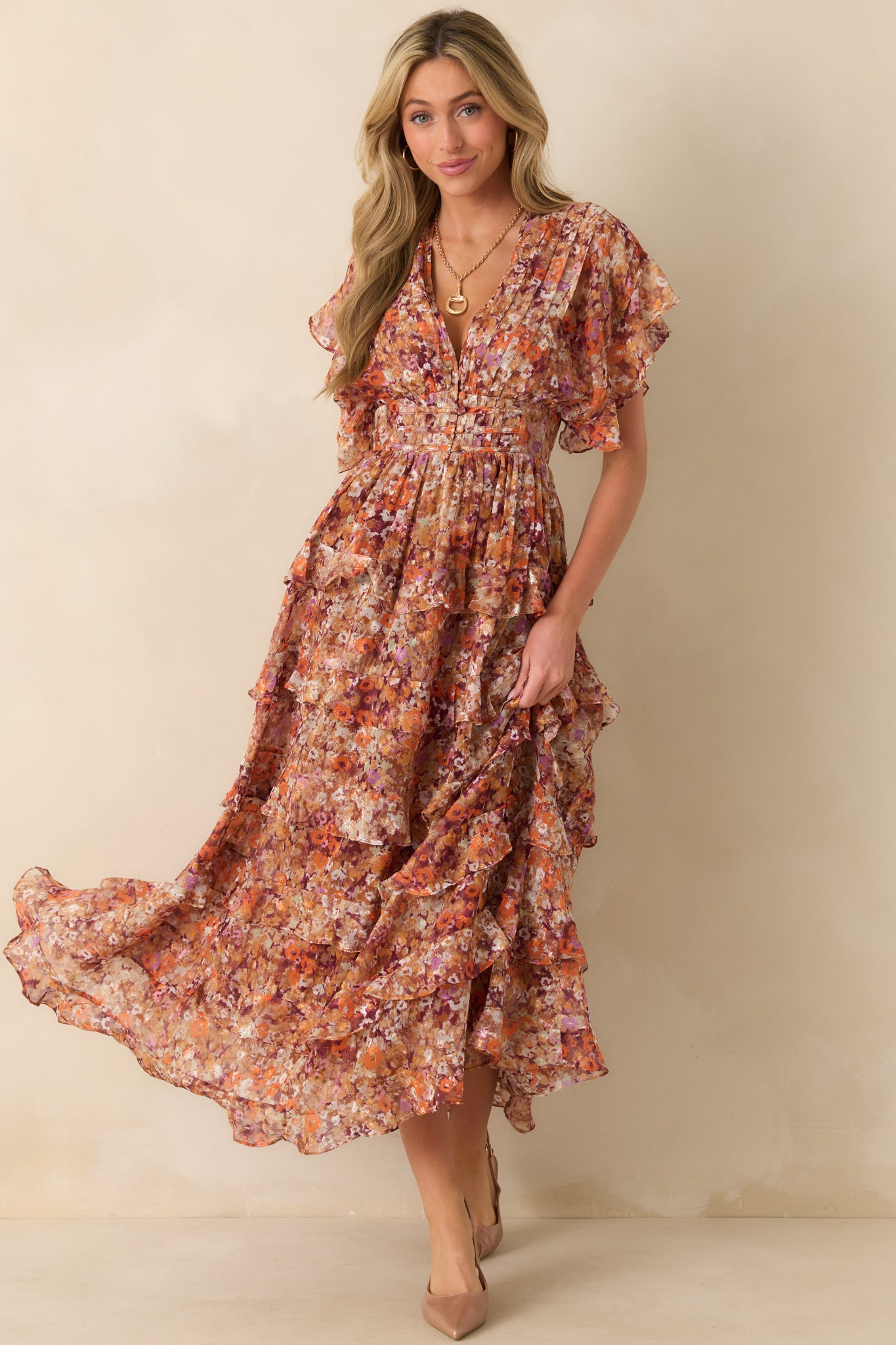 Terracotta Multi Floral Ruffle Maxi Dress - All Dresses | Red Dress Terracotta Multi Floral Ruffle Maxi Dress - All Dresses | Red Dress