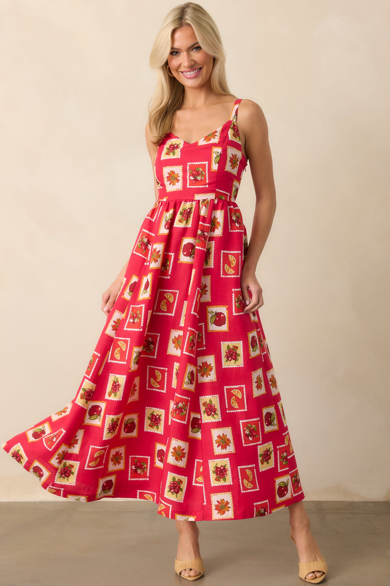 Maxi dress displayed to highlight the lightweight fabric and functional pockets along the skirt.