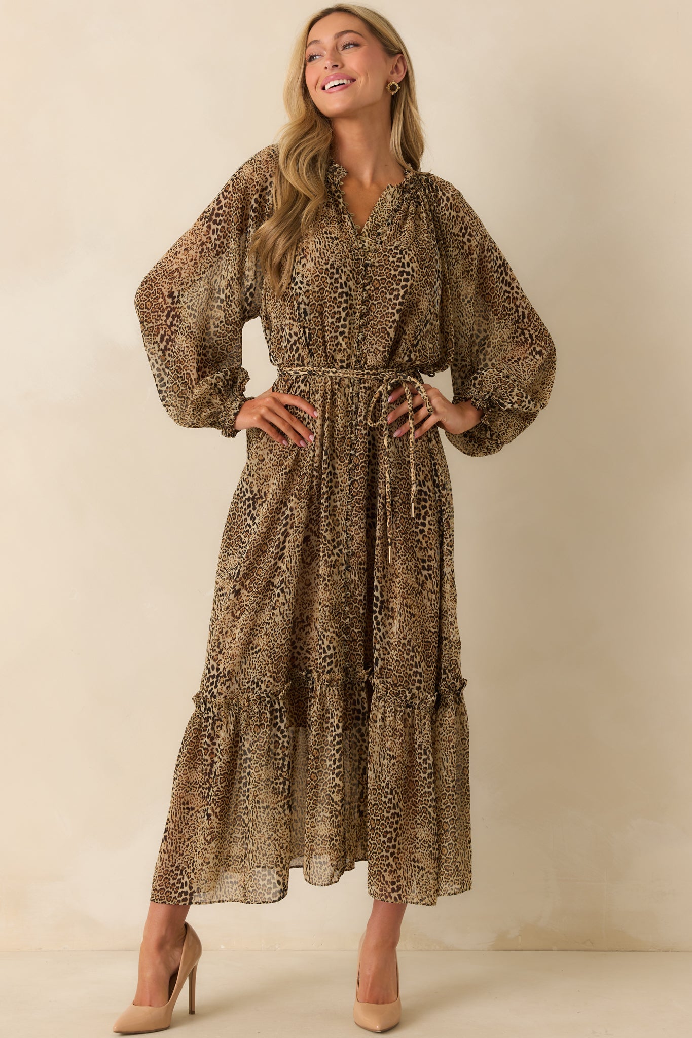 Maxi dress with layered leopard chiffon, button front, and optional tie belt at the waist.
