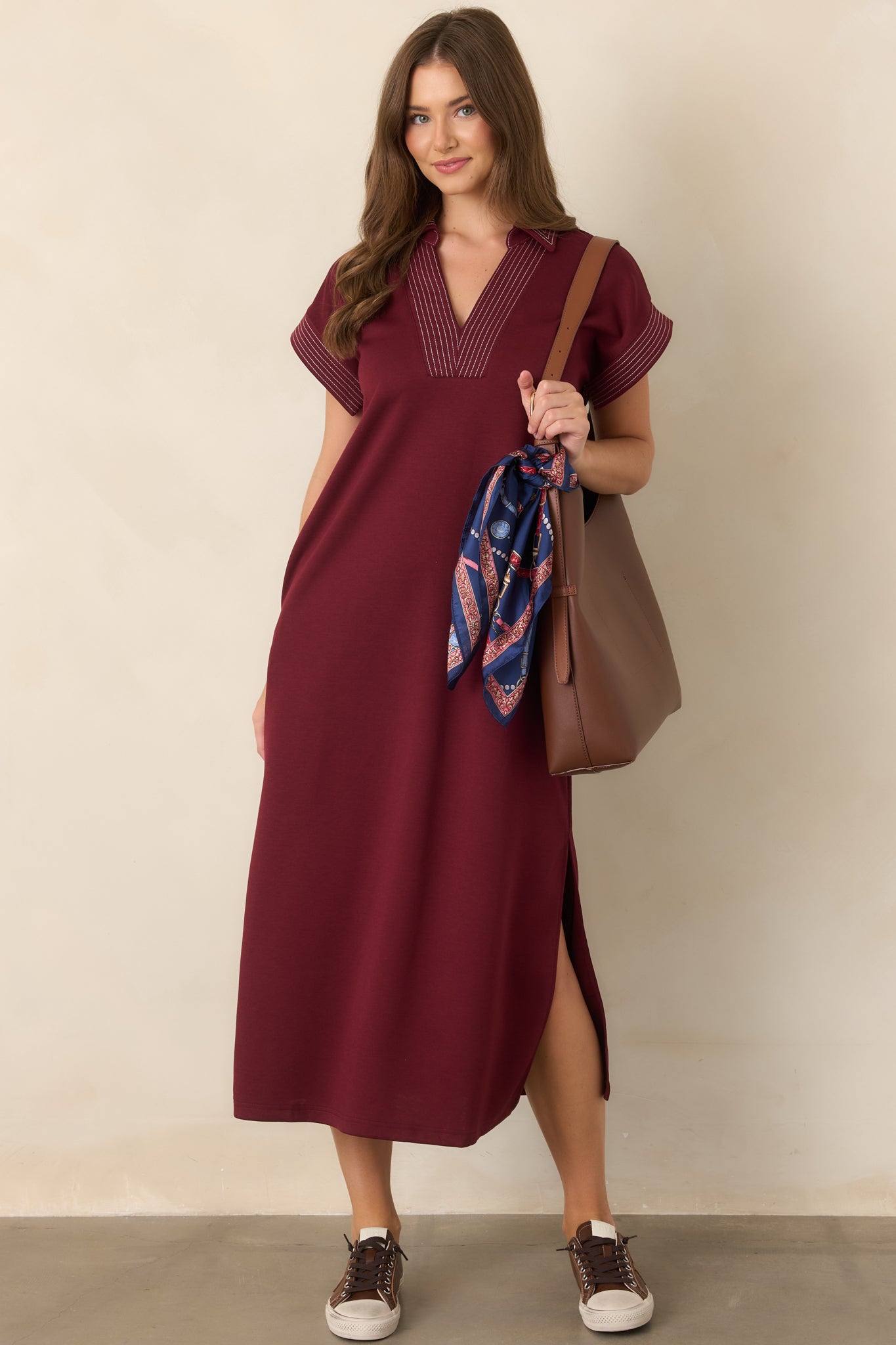 One Less Thing Wine V-Neck Contrast Pinstripe Maxi Dress | Entro