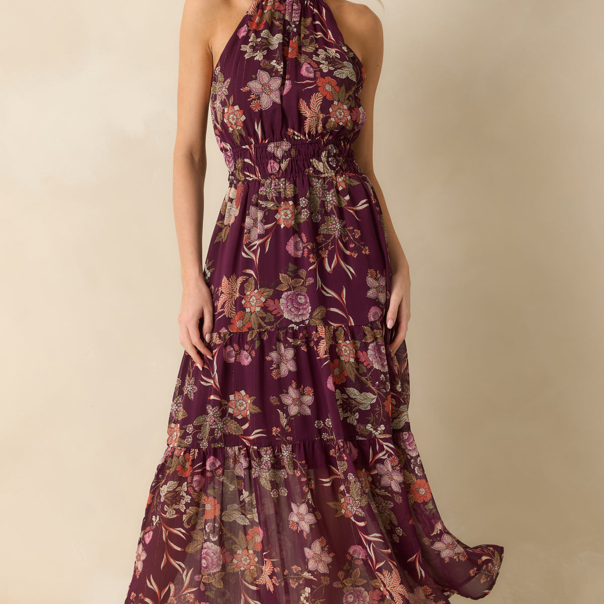 halter tiered maxi dress Berry Purple Multi Floral Print Halter Maxi Dress - Women's Dresses