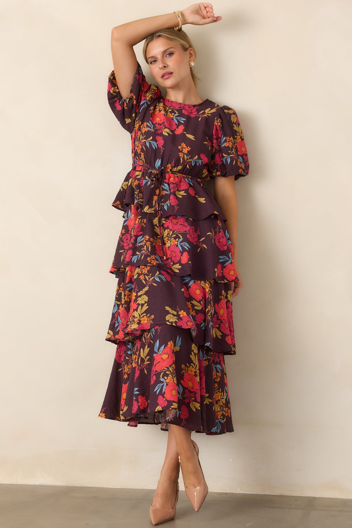 Maxi dress featuring a classic round neckline, short puff sleeves, and tiered A-line skirt.