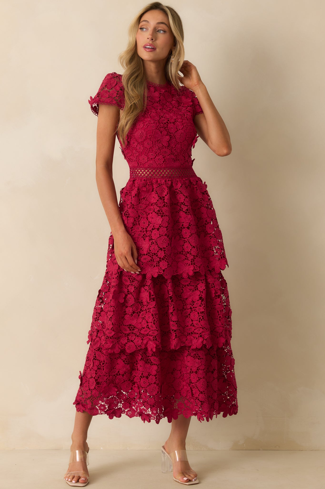 Red Floral Guipure Lace Tiered Maxi Dress - All Dresses