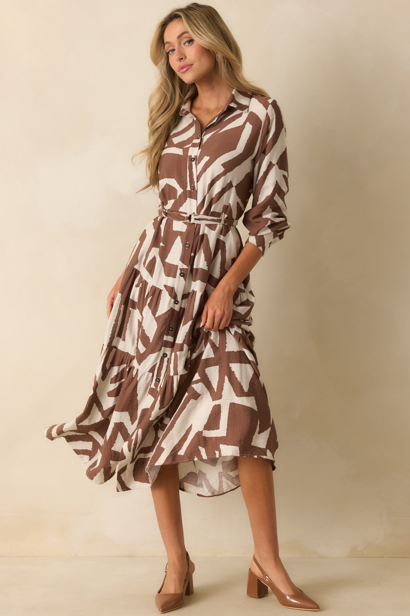 Brown Abstract Print Belted Maxi Shirt Dress - All Dresses