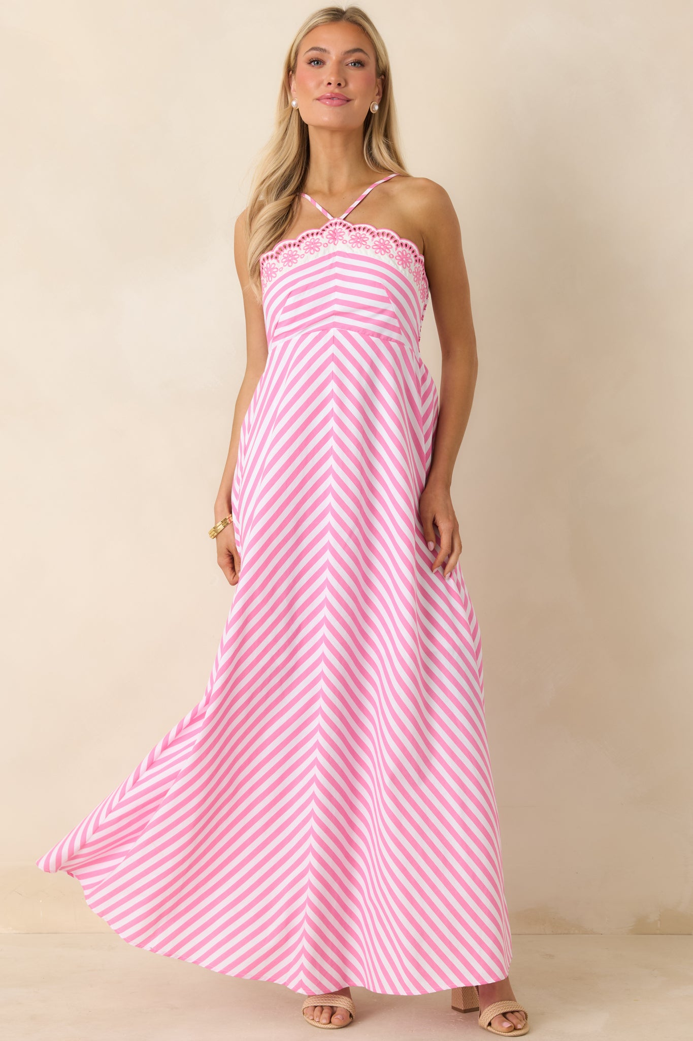 Red Dress | Pink Stripe Cotton Floral Hem Halter Maxi Dress
