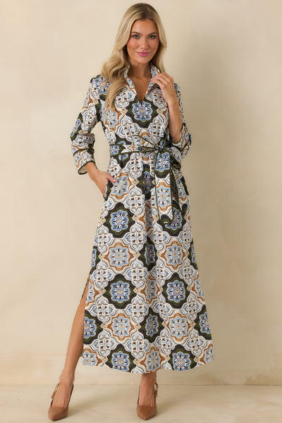 Matilda Olive Multi Medallion Print Cotton Maxi Dress | Prosperina