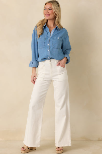 jean dress shirt Women's Laid Back Luxe Medium Wash Denim Button-Up Shirt | Size: Xs