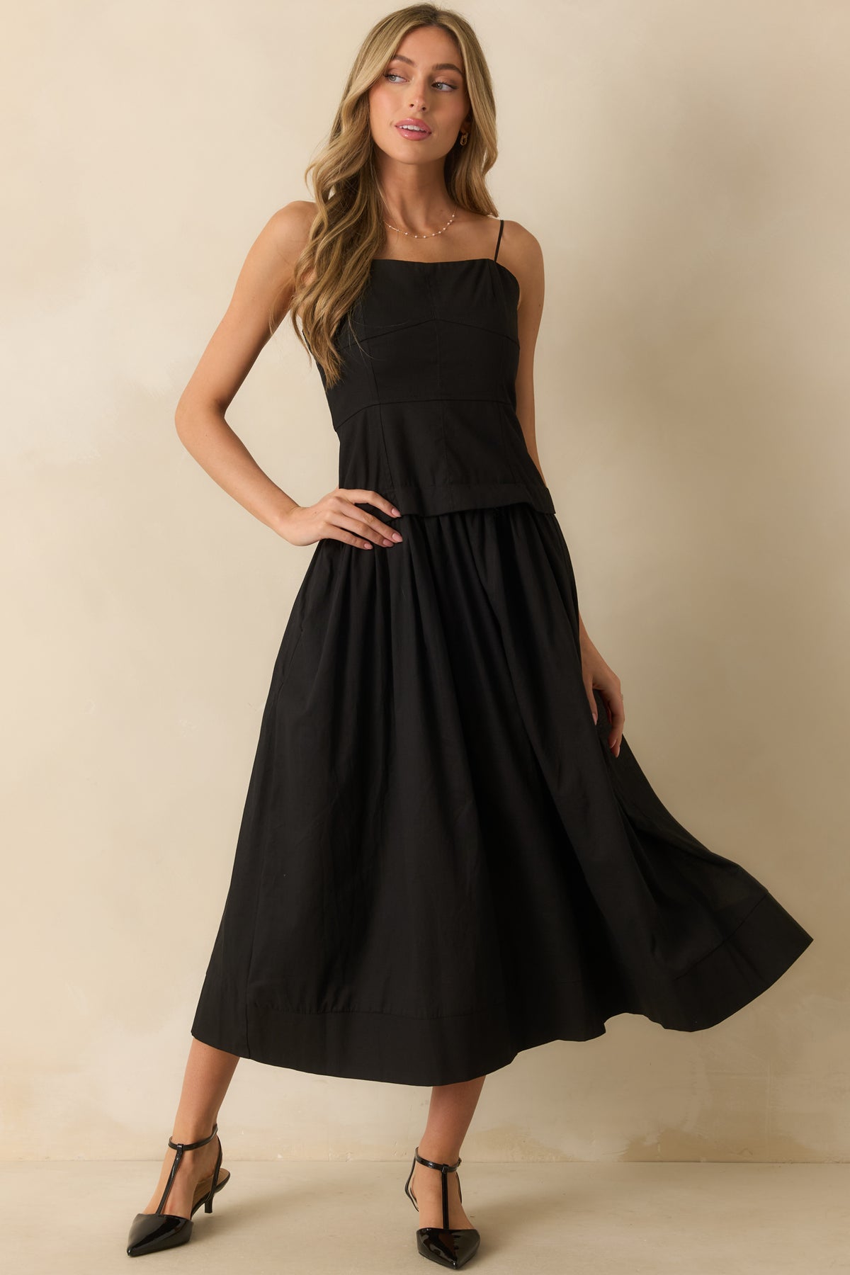 Black Cotton Sleeveless Midi Dress