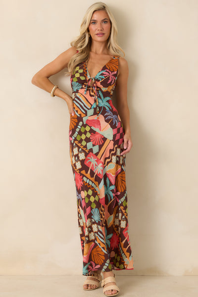 Isola Brown Multi Vintage Coastal Print Keyhole Midi Dress | MINKPINK