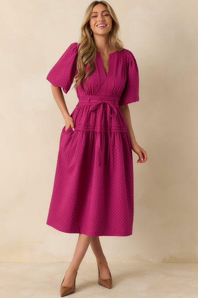 knee length dresses for ladies Effervescent Aesthetic Magenta Tiered Ruffled Midi Dress main image 1