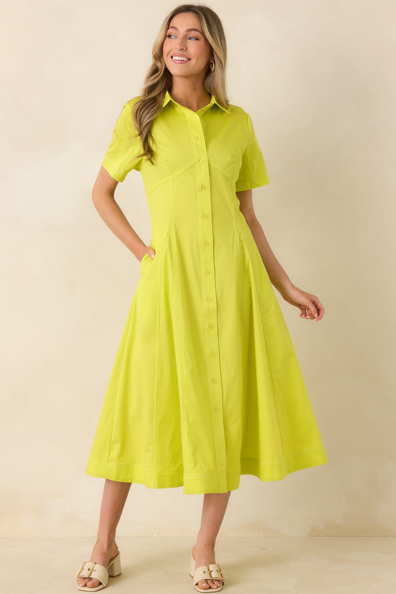 Make It Look Easy Chartreuse Short Sleeve Midi Shirt Dress Make It Look Easy Chartreuse Short Sleeve Midi Shirt Dress
