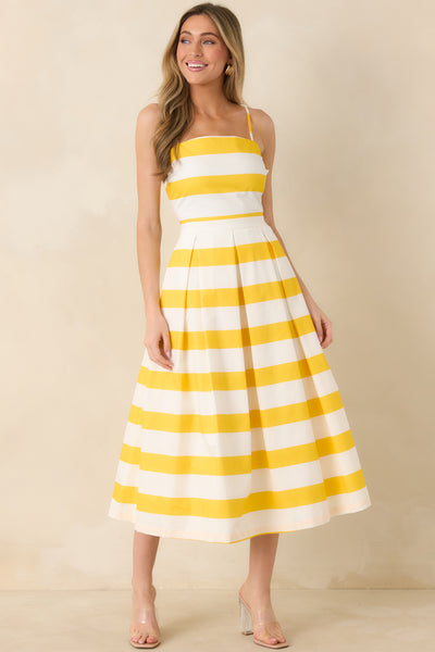gold and white striped dress Red | Yellow Stripe Sleeveless Midi Dress Chic and Holland HF110281 Web Collection: Wedding Guest and effortless enough that Color:candy pink