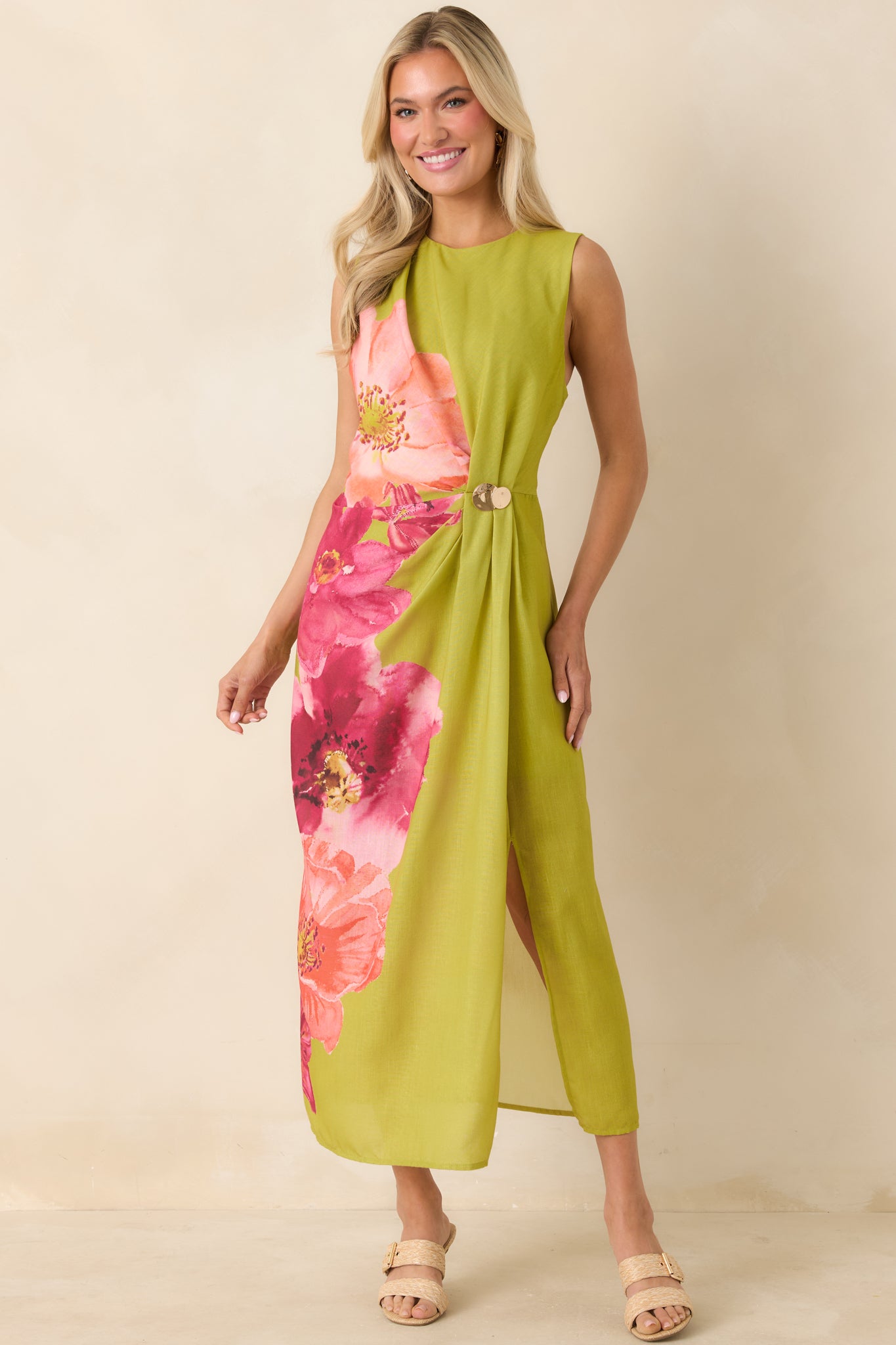Women's Do a Double Take Chartreuse Multi Floral Print Midi Dress | Size: S