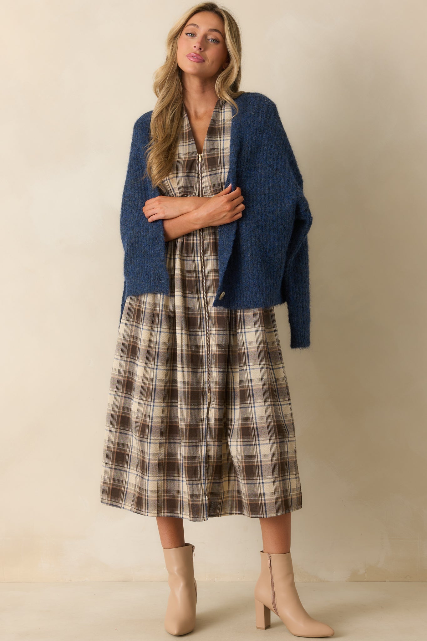 The Evette Zip Front Midi Dress In Mocha Brown Tartan