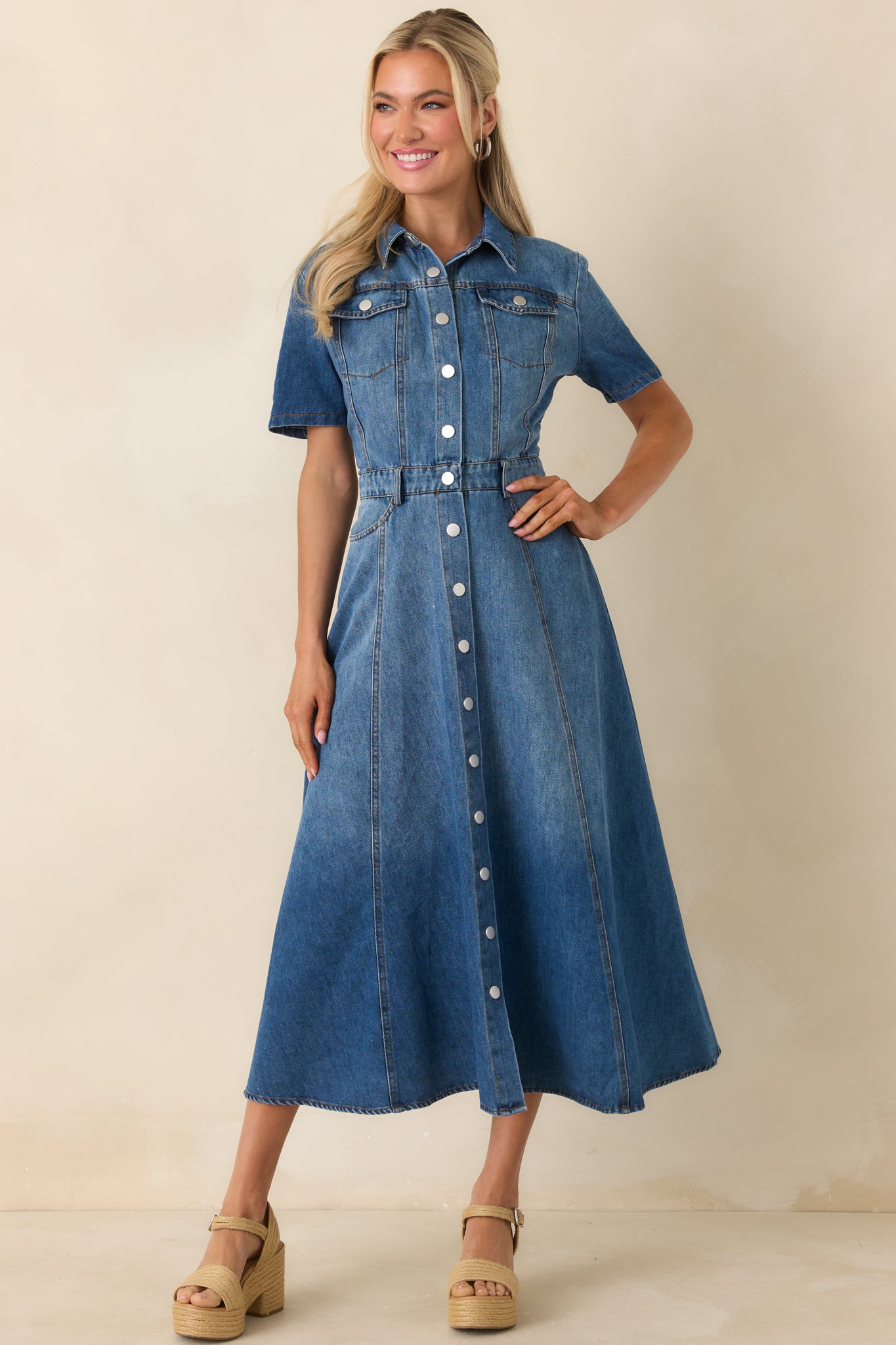 Red Dress | Medium Wash Cotton Denim Midi Dress - All Dresses Red Dress | Medium Wash Cotton Denim Midi Dress - All Dresses