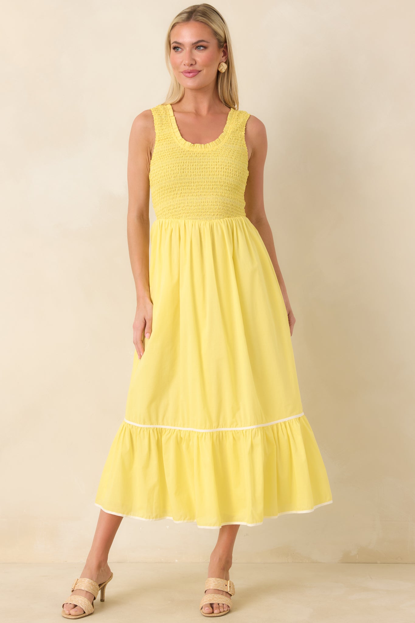 midi yellow dresses for women Women's Today’s the Day Yellow Textured Cotton Tiered Midi Dress | Size: S