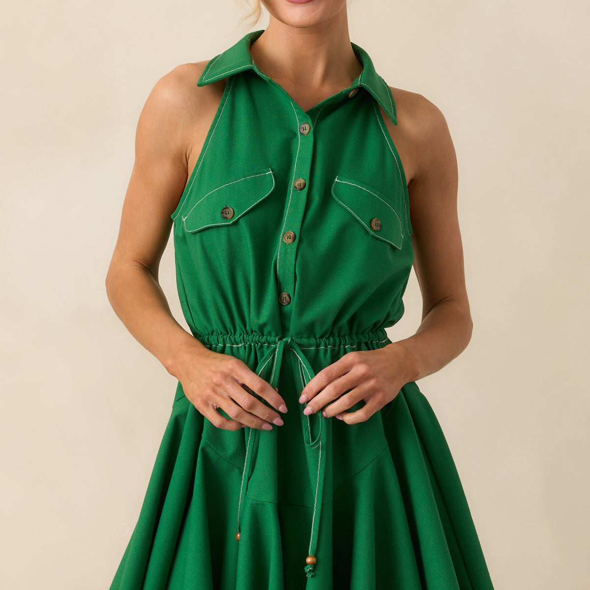 Kelly Green Cotton Linen Blend Mini Dress - Shirt Dresses