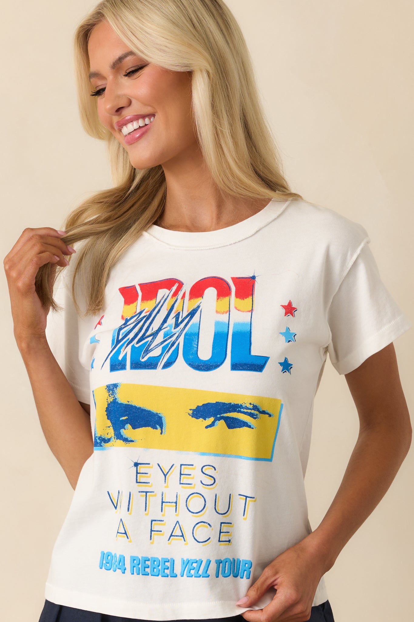 Zoomed-in midsection view highlighting the lower part of the Billy Idol tour graphic and seam detail at the hem.