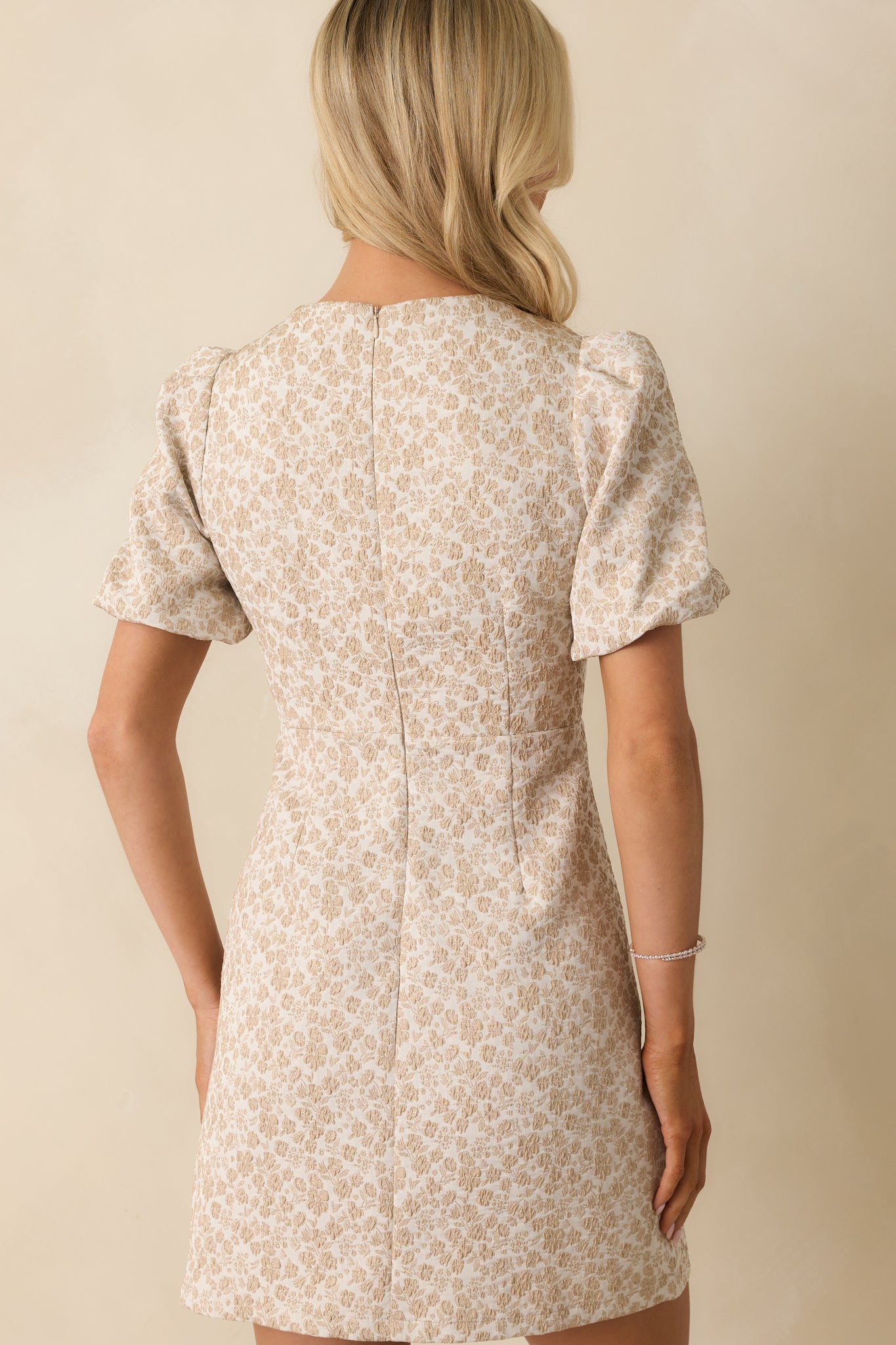 Beige Floral Jacquard Puff Sleeve Mini Dress - Event Dresses | Red