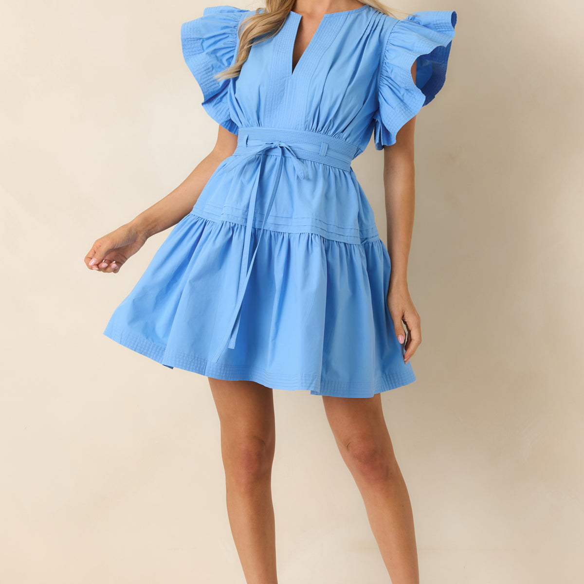 Red Dress | Blue Cotton Flutter Sleeve Tie Waist Mini Dress - All Dresses Red Dress | Blue Cotton Flutter Sleeve Tie Waist Mini Dress - All Dresses