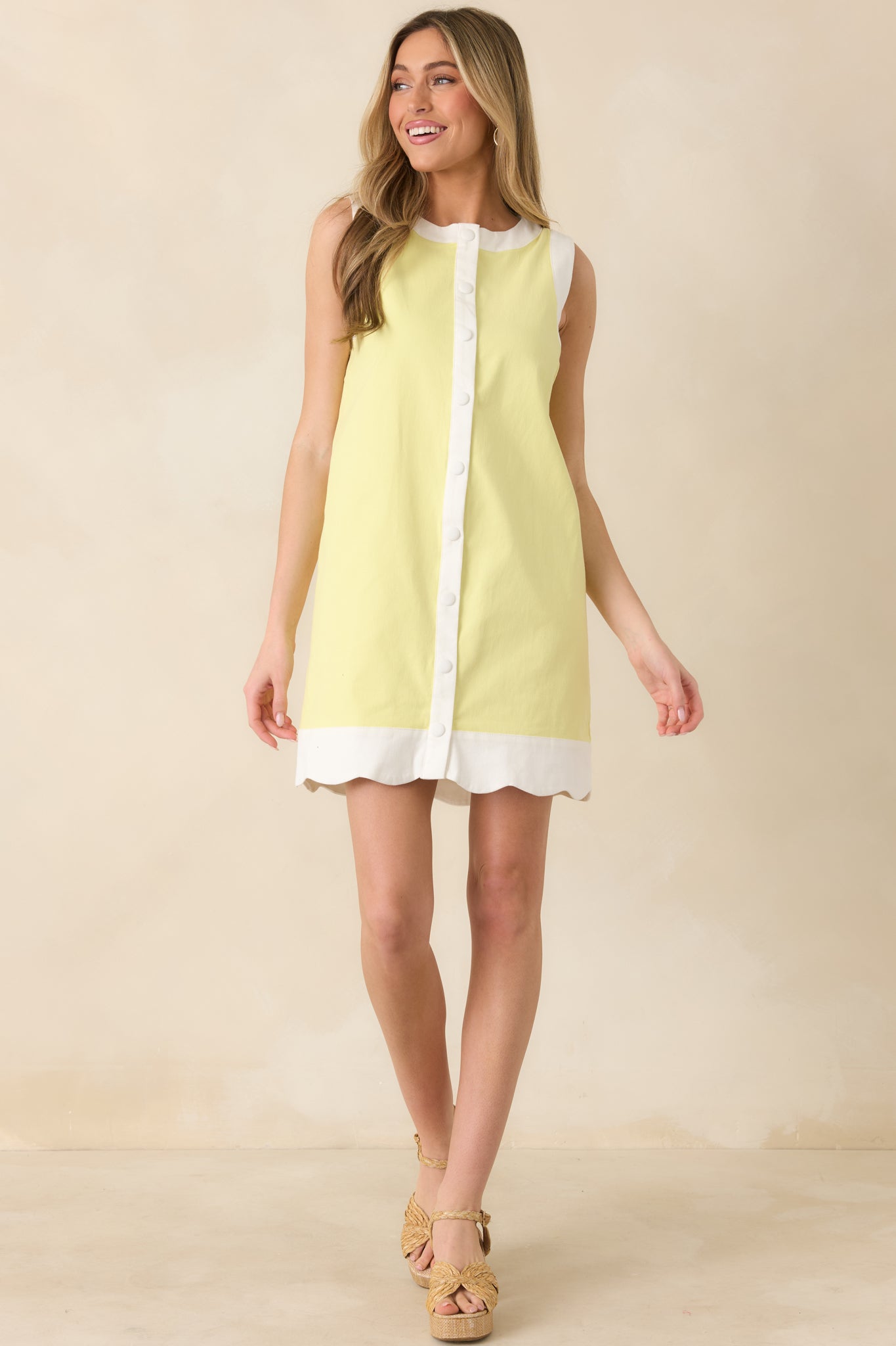 red yellow dress Women's Just Had To Yellow Cotton Contrast Trim Sleeveless Mini Dress | Size: M