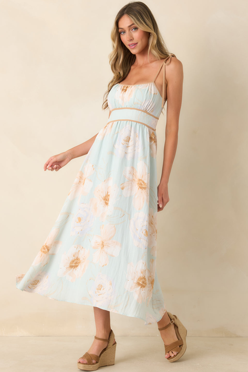 tie strap midi dress Milla Women's Tender Floral Tie-Strap length lining Women's Blooming in Watercolor Mint