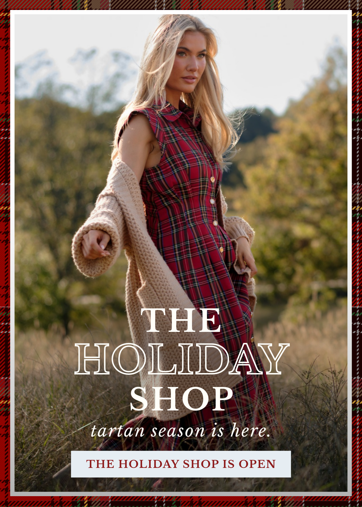 Model wearing a red tartan midi dress. Text reads: "The Holiday Shop. Tartan season is here."