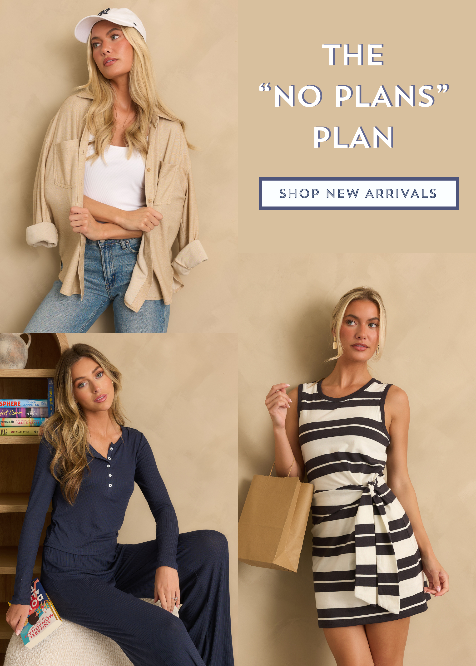 Shop women's new arrivals with casual neutral layers, a ribbed navy lounge set, and a striped tie-waist mini dress in "The No Plans Plan" collection.