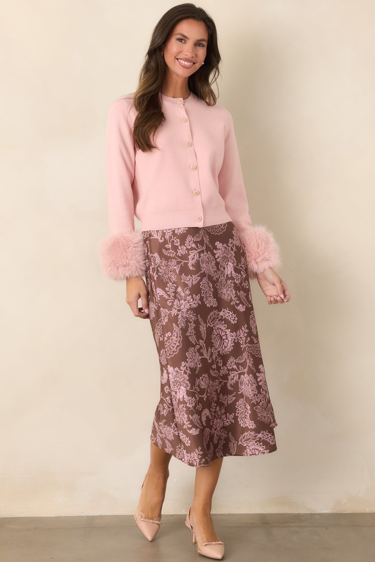 Mocha brown skirt showcasing a vintage lace-inspired print with pink flowers and leafy vines.