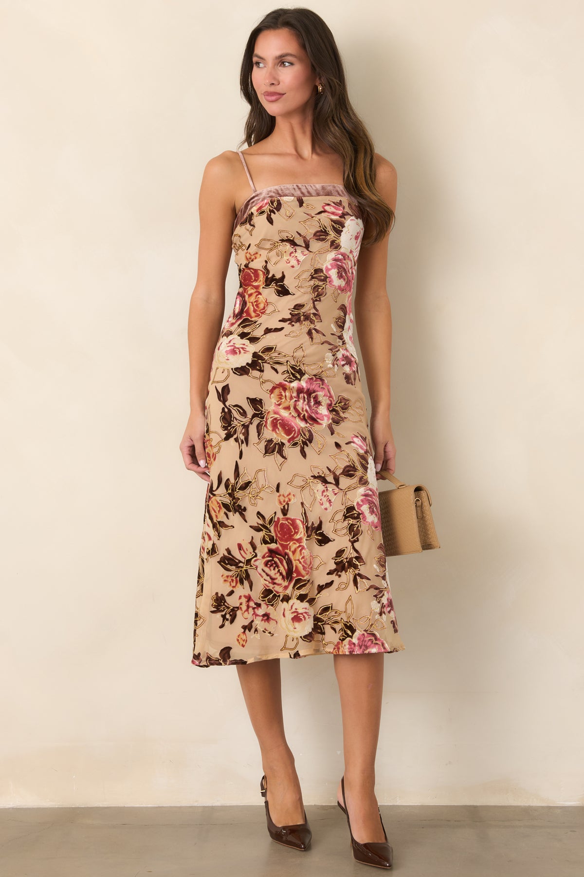 Mocha midi dress with sheer burnout fabric, velvet roses in pink, burgundy, and ivory, brown foliage, and a gently flared silhouette.