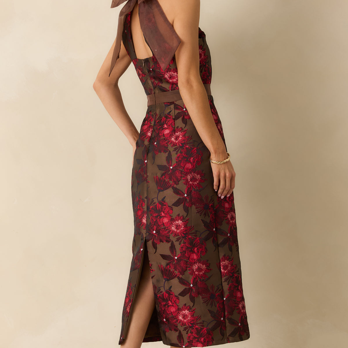 Mocha Brown Multi Floral Jacquard Maxi Dress - Event Dresses