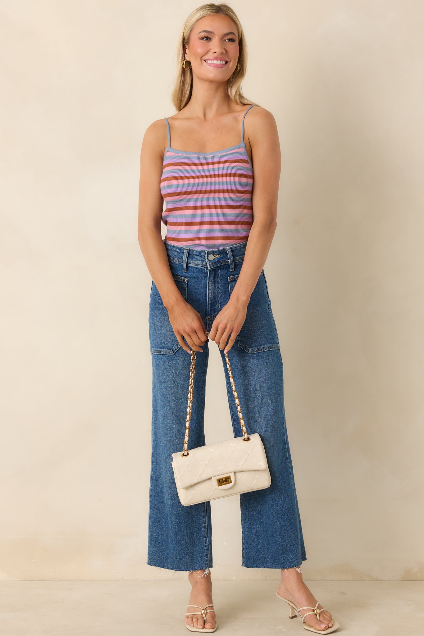 FRNCH Corallia Light Blue Multi Stripe Knit Tank Top | Red Dress