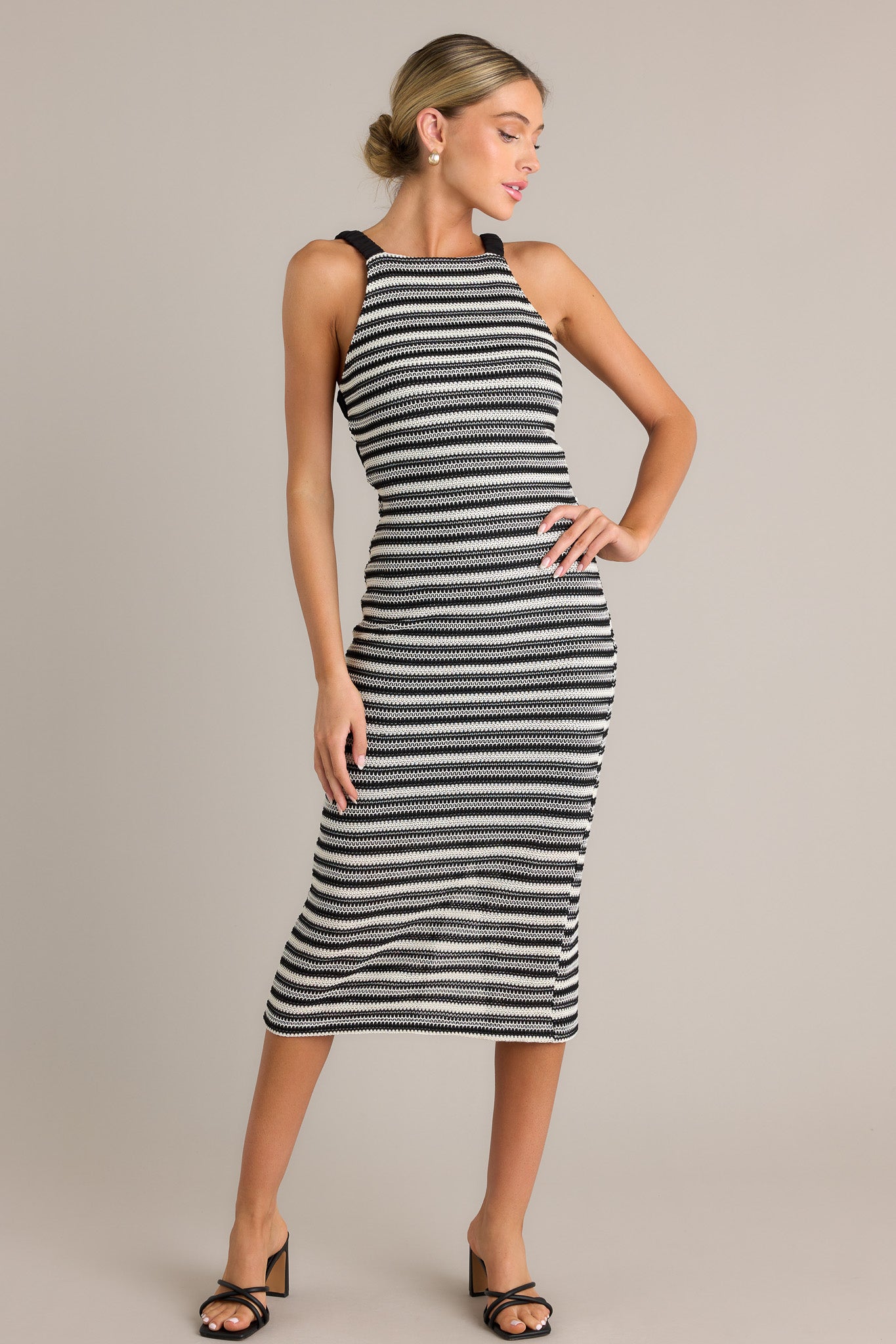 Black Stripe Knit Midi Dress