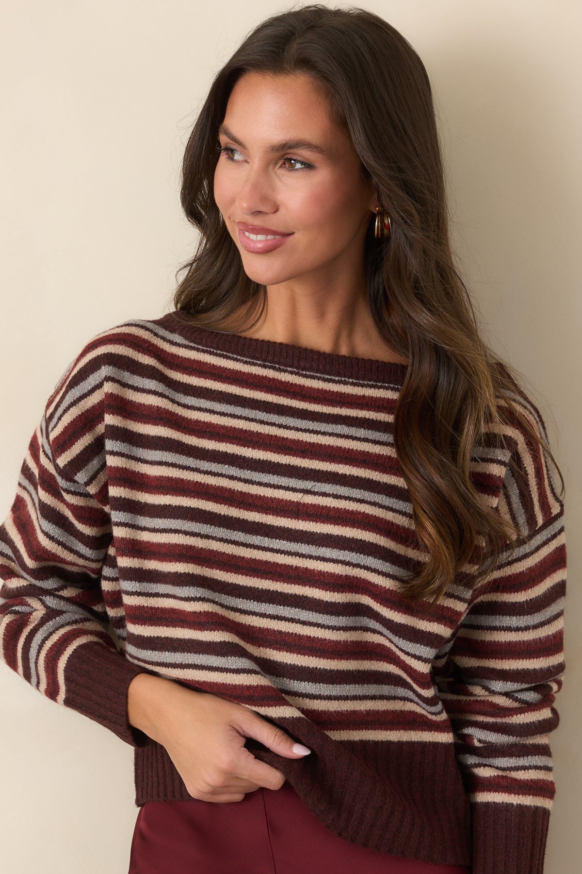 Multicolor knit top showcasing the vintage-inspired stripe combination and soft texture.
