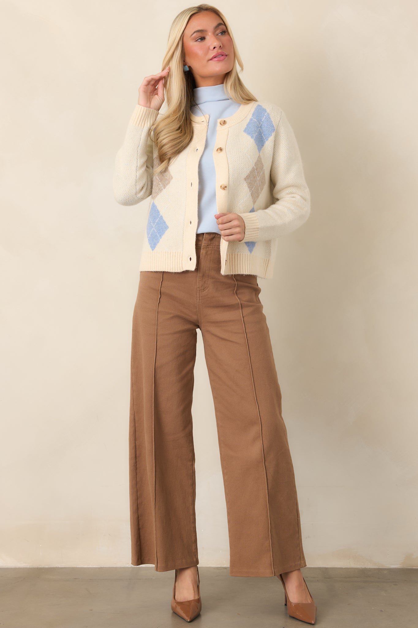 Natural multi knit cardigan featuring an allover argyle pattern with soft blue and warm taupe accents, long sleeves, and a button-up front.