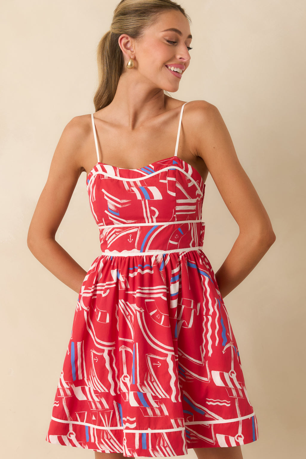 nautical cocktail dress Women's Prosperina Veronica Red Multi Yacht Club Cotton Mini | Size: S tailored dress womens Size:9 Wide Green & Mint Blue Textured Dot Front