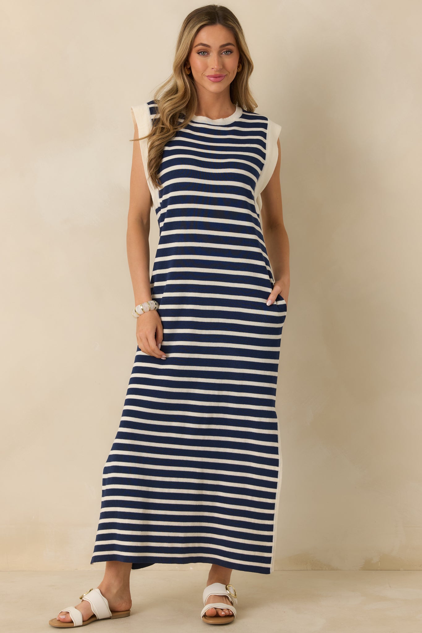 Women's Keep It Straight Navy Stripe Stretch Knit Maxi Dress | Size: M | Red Dress Women's Keep It Straight Navy Stripe Stretch Knit Maxi Dress | Size: M | Red Dress