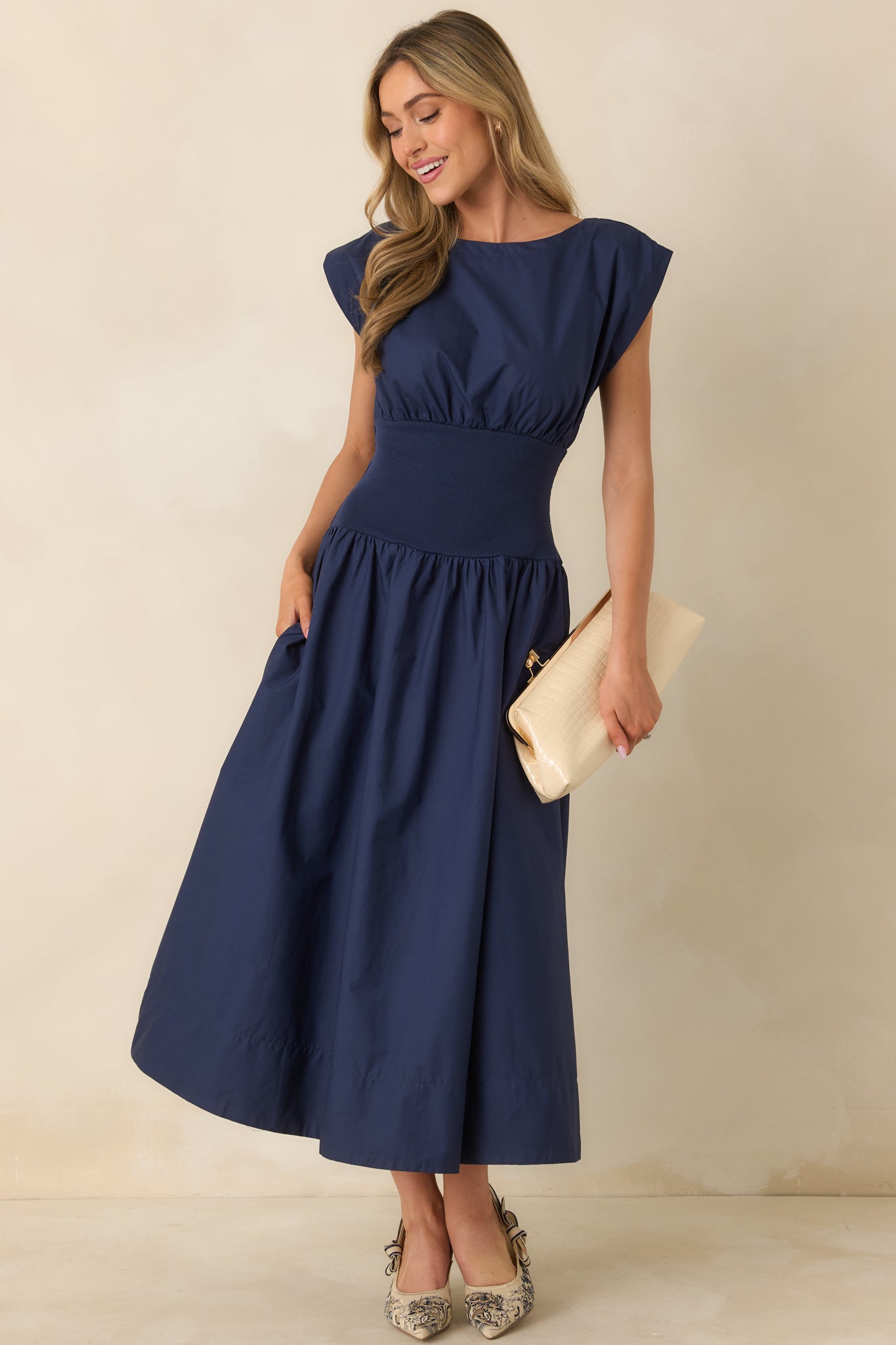 Navy Cotton Boatneck Midi Dress - All Dresses | Red Dress Navy Cotton Boatneck Midi Dress - All Dresses | Red Dress