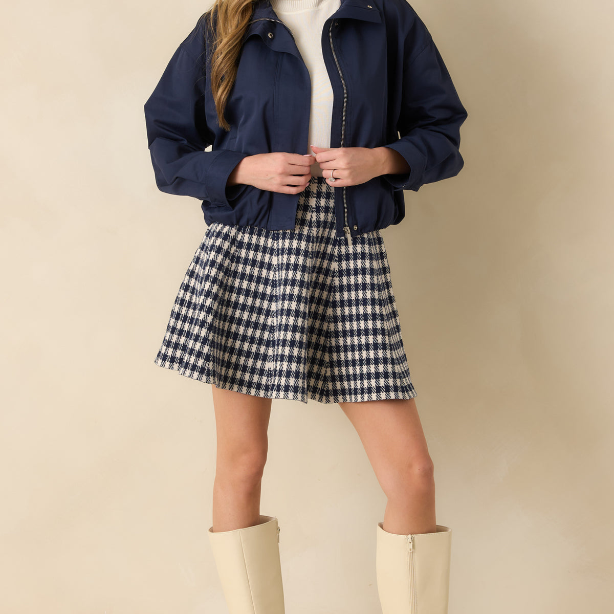 Navy Blue Zip Up Bomber Jacket - All Outerwear | Red Dress