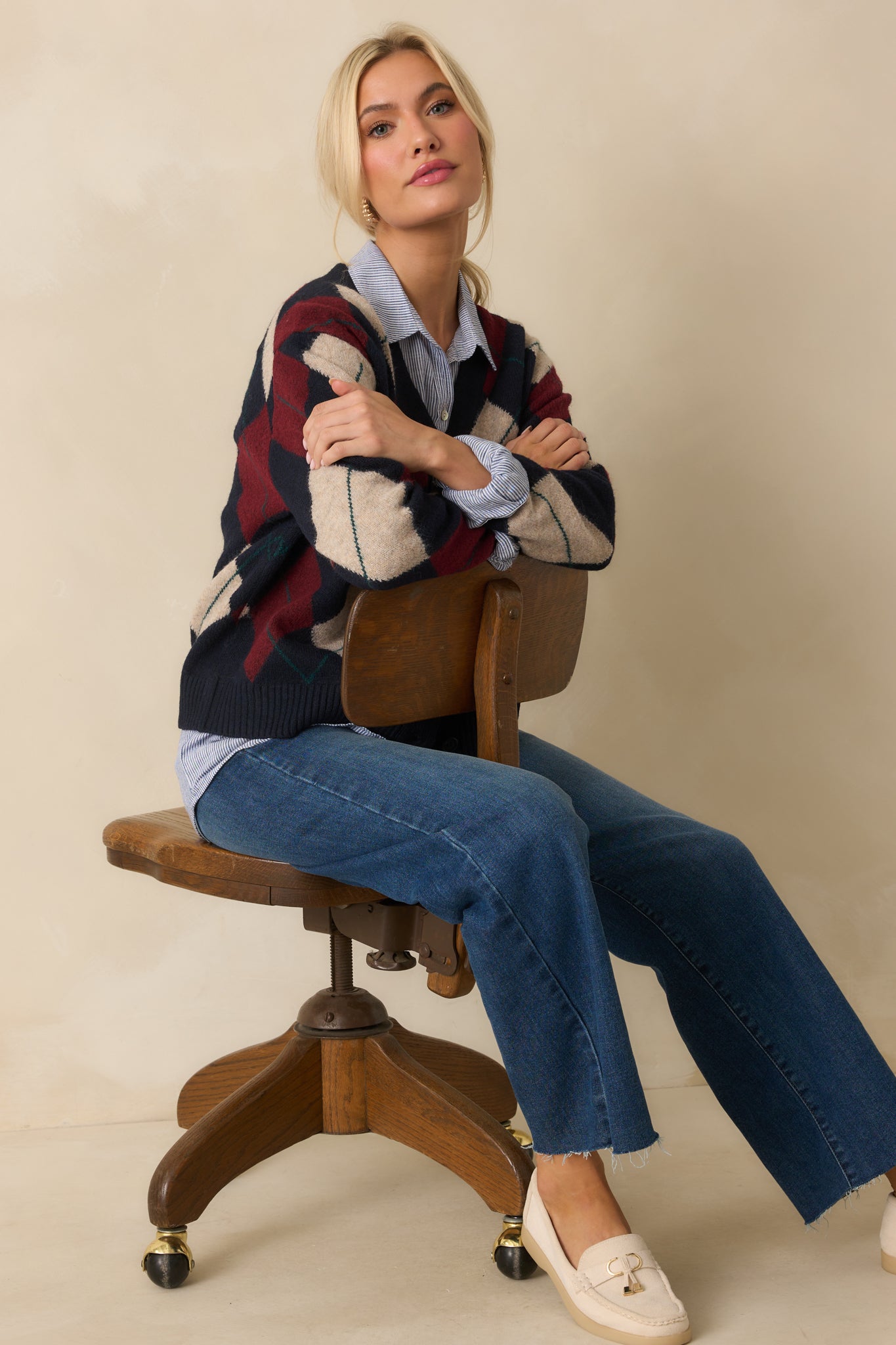 Navy Argyle Button Up Cardigan - Casual Tops | Red Dress