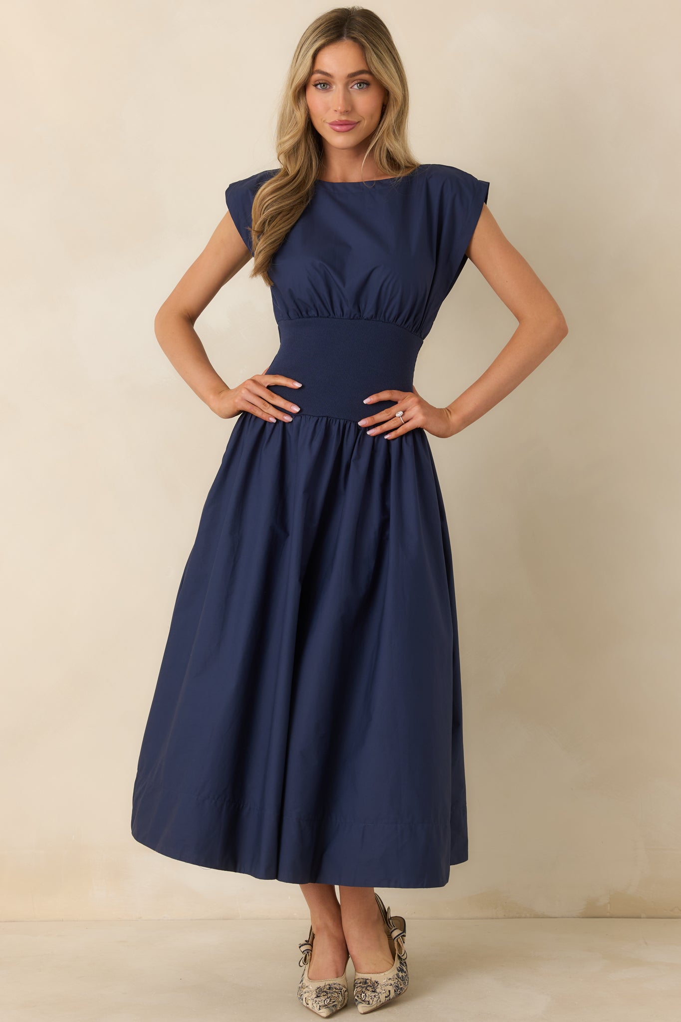 Navy Cotton Boatneck Midi Dress - All Dresses