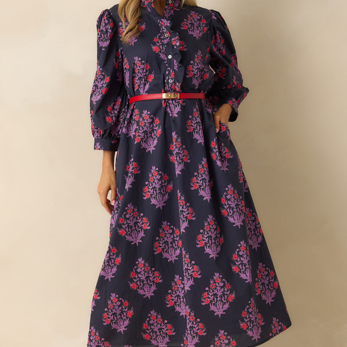 fitted lace wedding dress 1960s NAVY & PURPLE PRINT DRESS W/ JACKET {WAIST 34 INCHES}– Lo Que Fue  Boutique main image 0