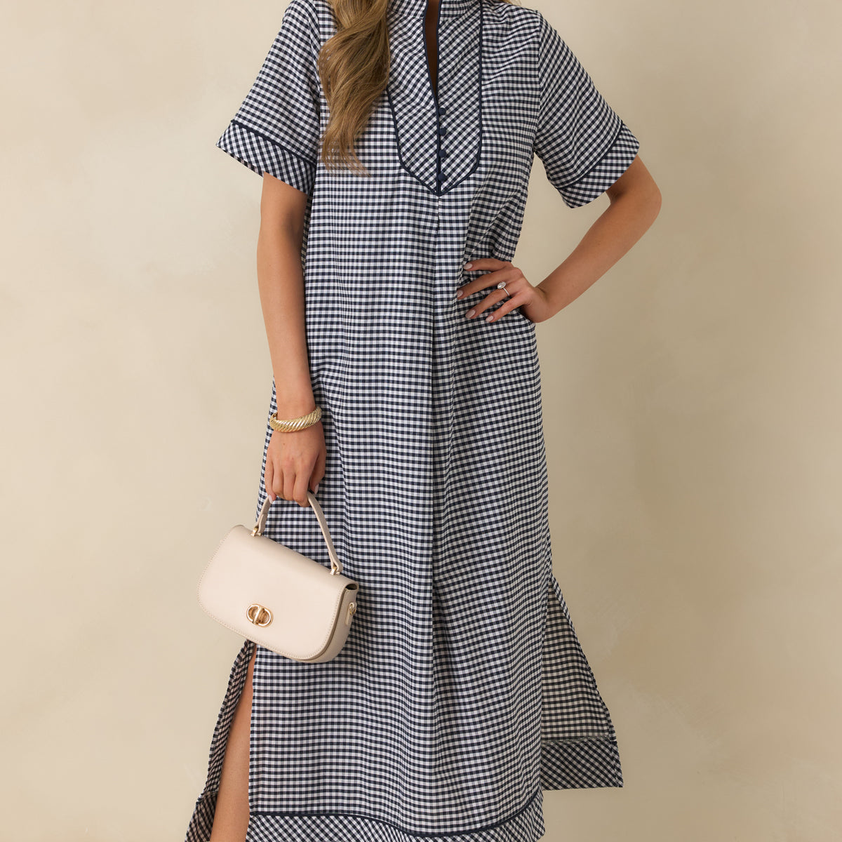 Navy Gingham Cotton V-Neck Maxi Dress - All Dresses