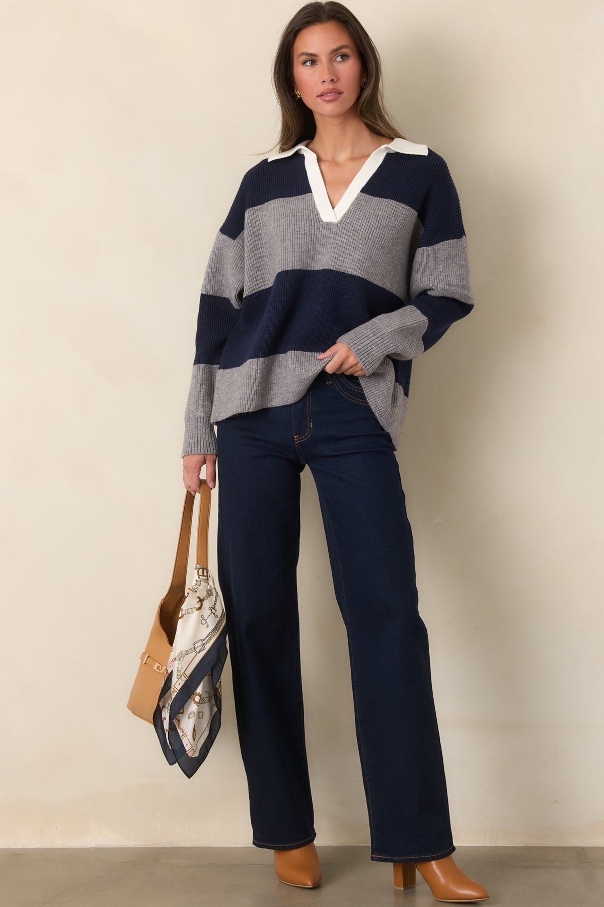 Navy and heather gray striped ribbed knit top with an ivory contrast collar.