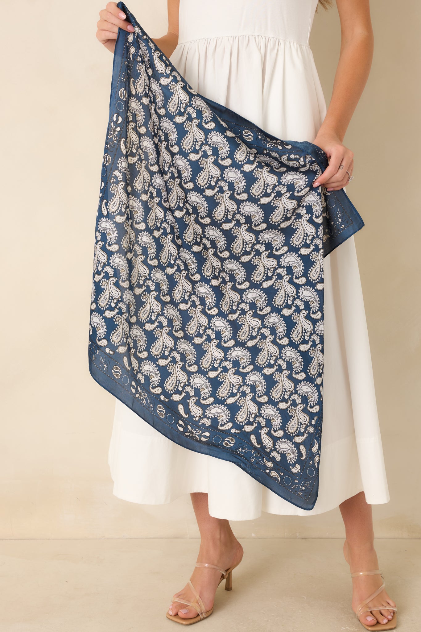 Stars & Satin Navy Paisley Satin Scarf | Red Dress