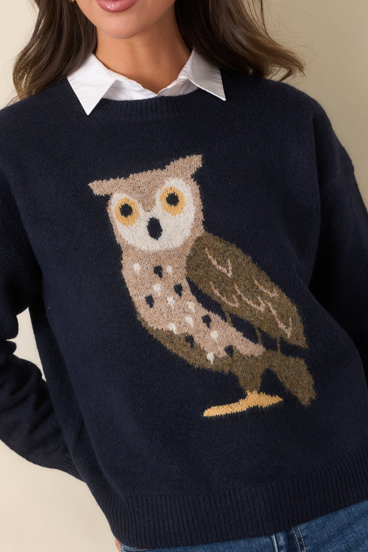 Close-up of the navy knit fabric and owl graphic, highlighting the taupe, ivory, olive, and golden yellow details.