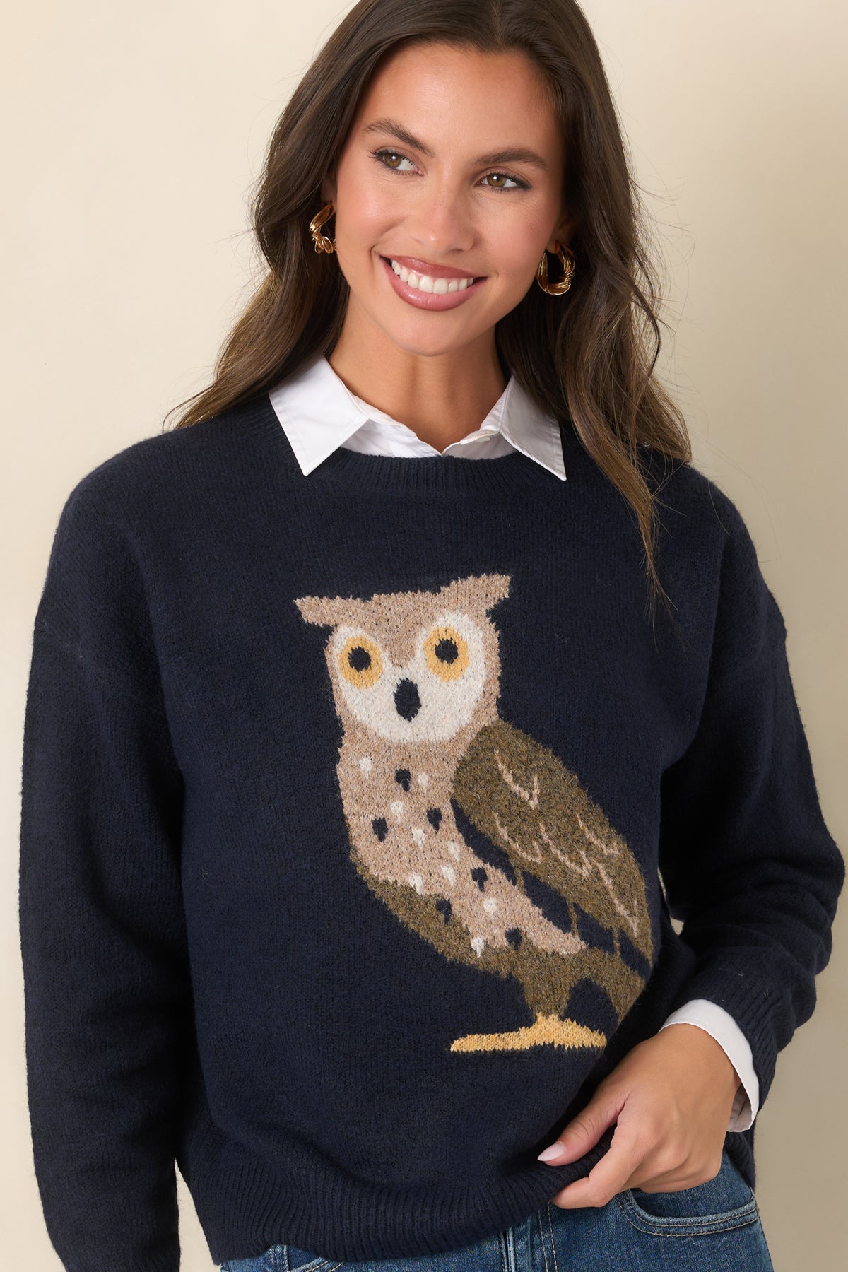 Navy knit pullover with a bold owl illustration and ribbed sleeve cuffs that complement its relaxed shape.